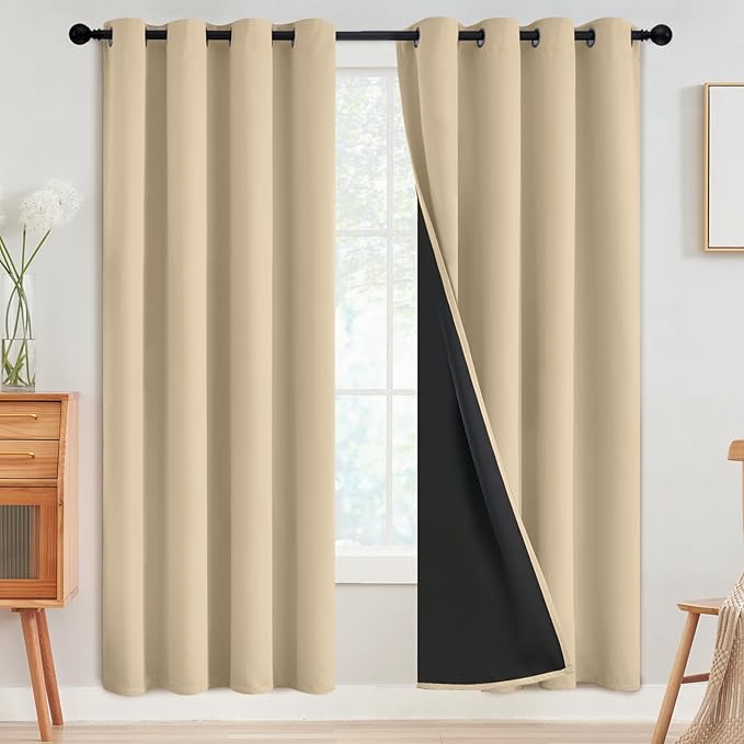 SimpleHome 100% Blackout Curtains for Bedroom,Thermal Insulated Beige Grommet Window Drapes Room Darkening Curtains for Living Room with Black Back,52 x 72 Inch,2 Panels