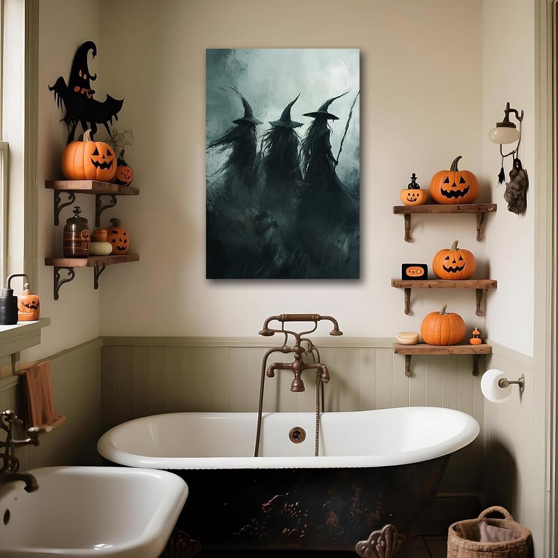 Gothic Witchs Horror Halloween Wall Art,Three Witches in Moody Forest Painting Wall Decor,Autumn Spooky Witches Forest Canvas Printing For Gallery Living Room Bedroom,24"x36" Unframed