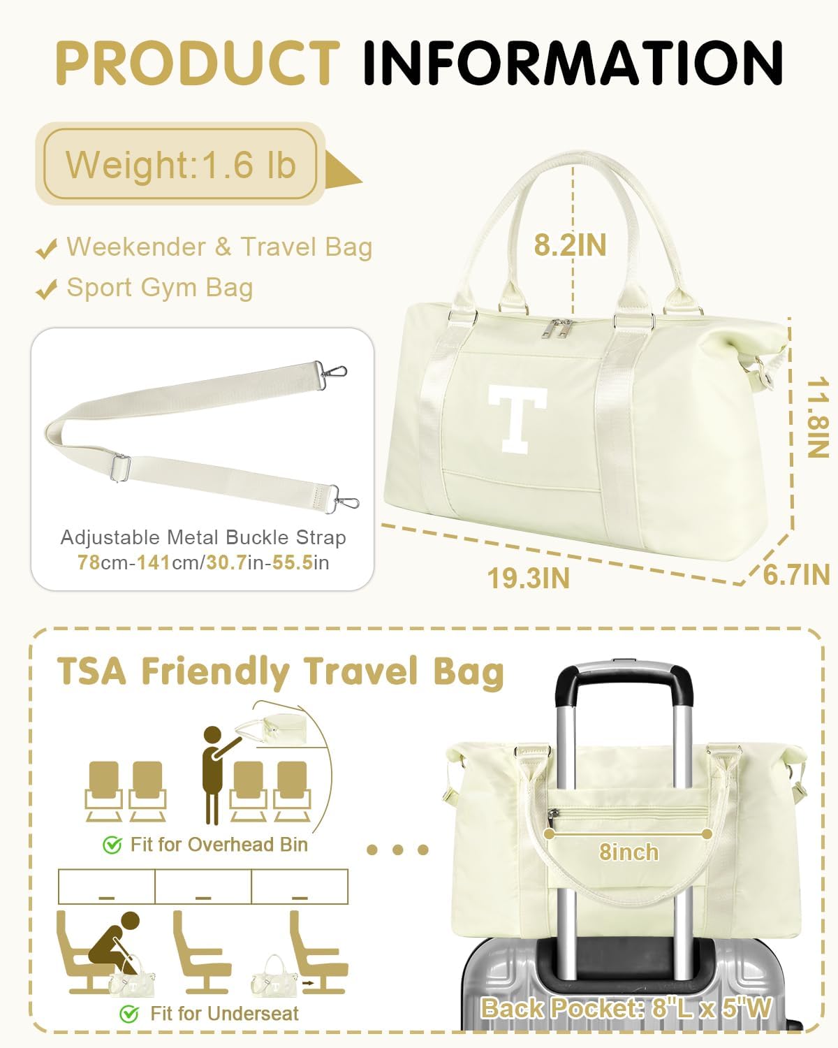 Initial Travel Duffel Bag Sports Gym Bag for Kids Teen Birthday Gifts,Beige Personalized Weekender Bag Carry On Dance Bags for Women Men,Waterproof Monogram Overnight Bag with Trolley Sleeve(Letter T)