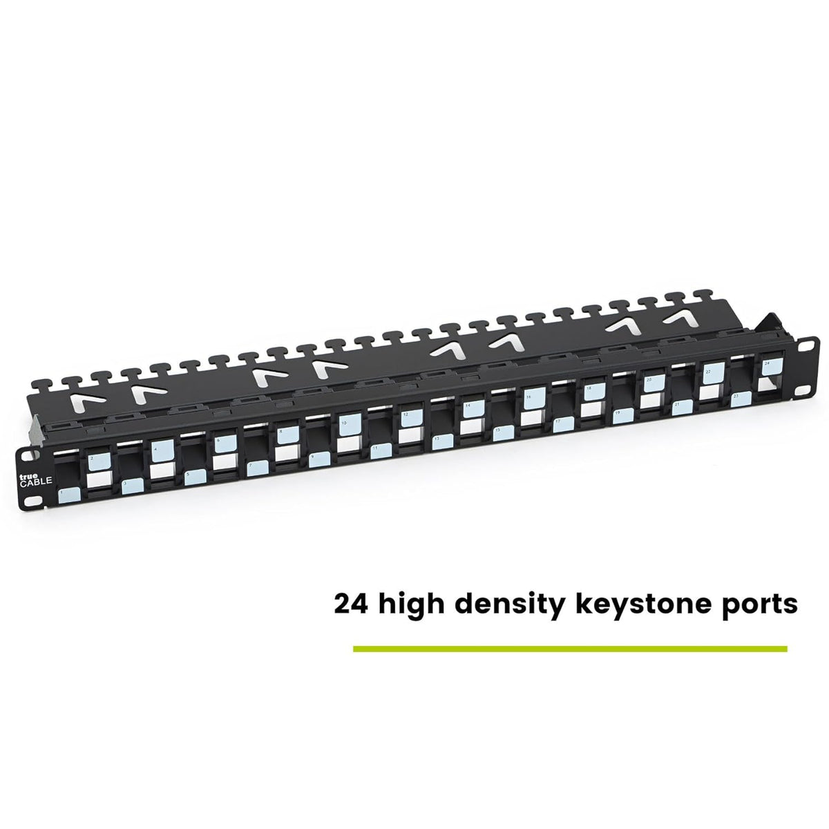 trueCABLE 3-D Staggered 24 Port 19” Toolless Modular Patch Panel, Unshielded, Blank, 1U Rack Mount, with Cable Management Bar, High Density, Black