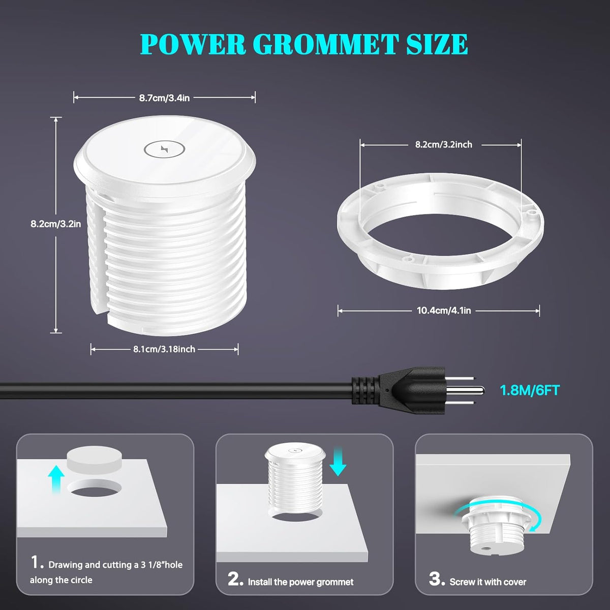 PD 20W USB C Desk Power Grommet with 15W Wireless Charger Cover, Recessed Power Strip with 18W USB A and 2 AC Outlets,Hidden Power Outlets with 6FT Cords for Office, Home, Conference(White)