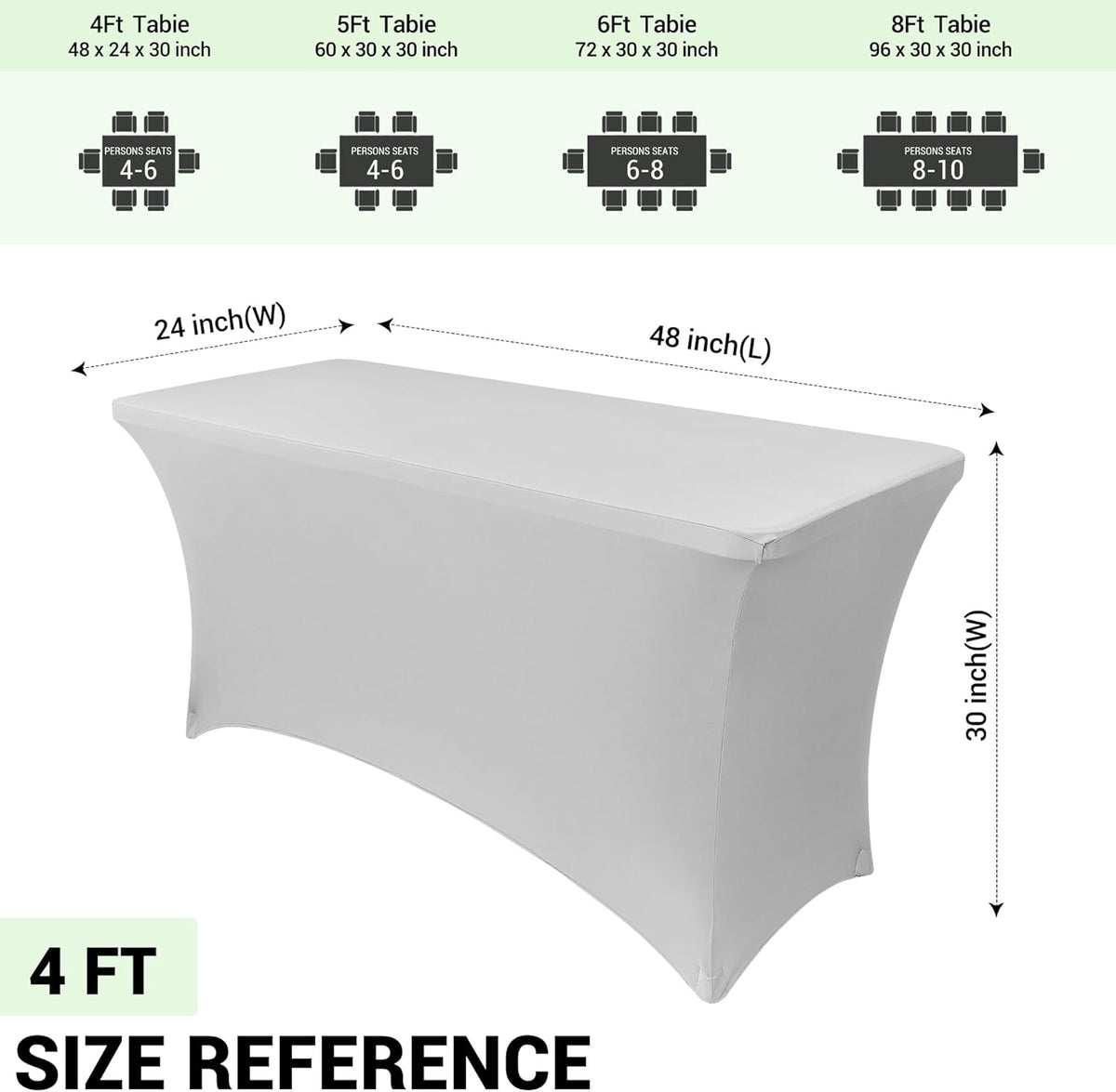 Obstal Stretch Spandex Table Cover for Standard Folding Tables - Universal Rectangular Fitted Tablecloth Protector for Wedding, Banquet and Party (Silver, 4 Ft)
