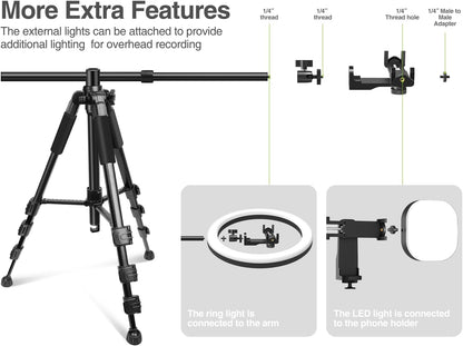 Elitehood Ultra-Stable Overhead Tripod for iPhone – Heavy Duty Aluminum iPhone Tripod Stand, 360°Adjustable & 25in Horizontal Long Phone Arm, Tall Phone Holder Stand Mount for Recording
