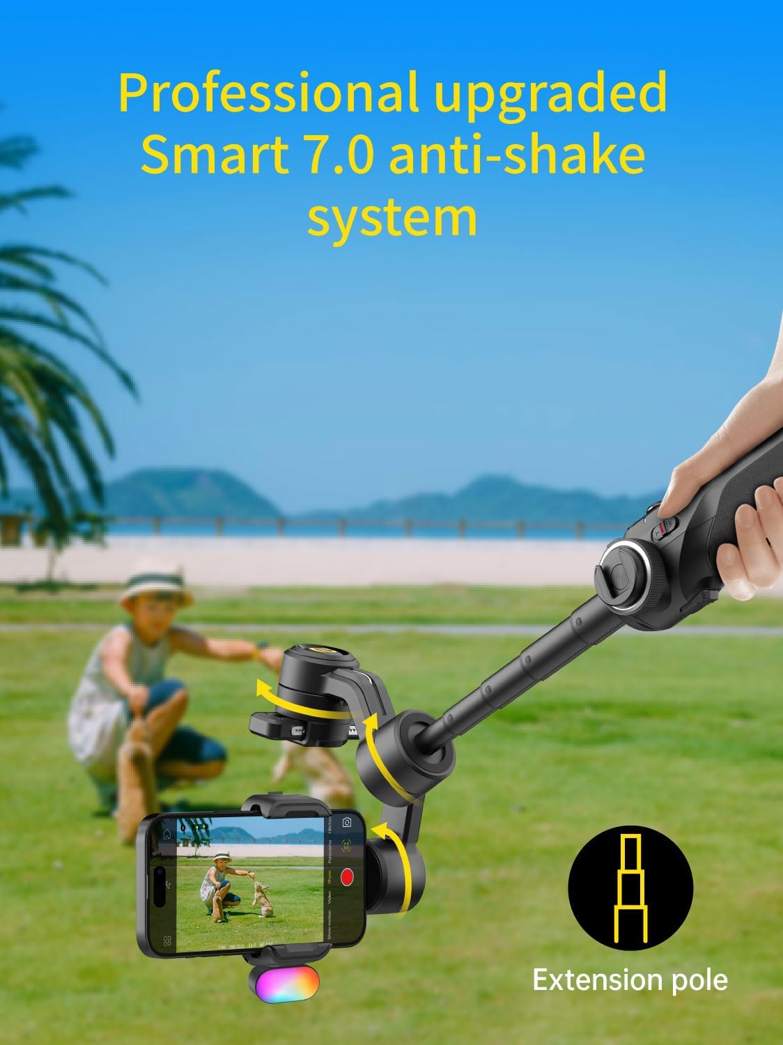 Gimbal Stabilizer for Smartphone, Phone Gimbal w/8" Extension Rod, Profession 3-Axis Stabilizer w/RGB Magnetic Fill Light for Video Recording, Compatible w/iPhone/Andriod-Smart S2 Kit