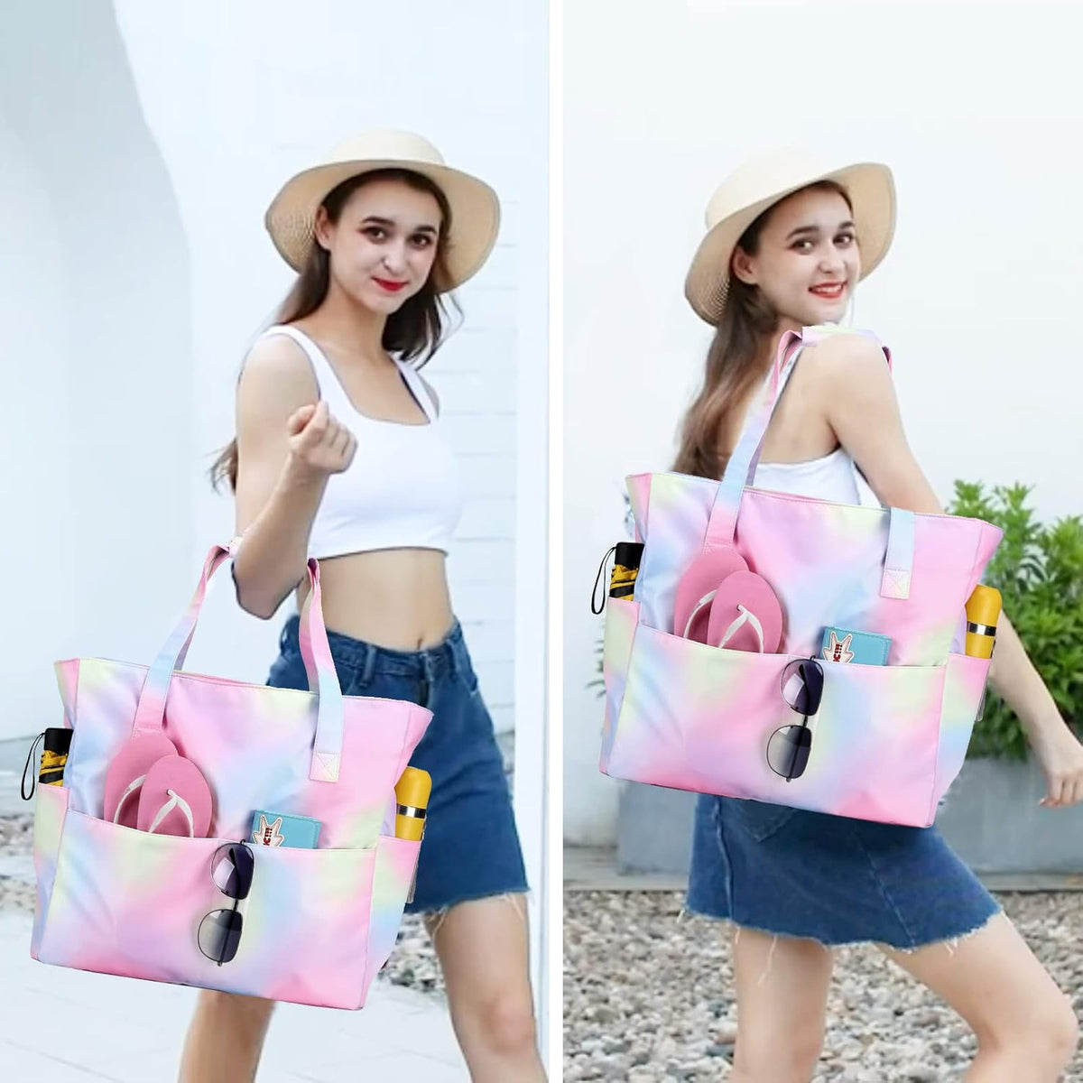 Beach Pool Bags Tote for Women Ladies Large Gym Tote Carry On Bag With Wet Compartment for Weekender Travel Waterproof