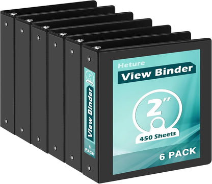 3 Ring Binder 2 Inch 6 Pack,2" Clear View with Round Rings, PVC-Free,Holds for 450 Sheets 8.5X 11 US Letter Size Paper, Durable Black Binders Perfect for Office,School and Home