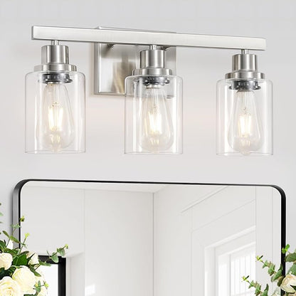 DIKAIDA 3-Light Bathroom Light Fixtures, Nickel Bathroom Vanity Light