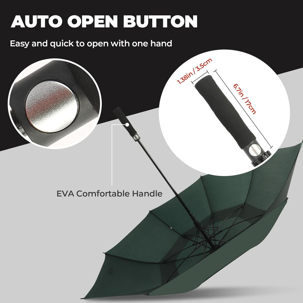 LLanxiry Automatic Open Golf Umbrella 54/62/68/72 Inch, Extra Large Windproof Vented Double Canopy Stick Umbrella, 210T Pongee Waterproof SPF 50+, Fiberglass Ribs, EVA Grip for Golf & Commute