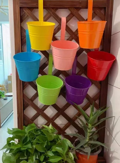 Vintage Hanging Cup Holders with Removable Hooks -5 Pack Metal Iron Buckets Hanging Flower Pots Wall Fence Hanging Planter-Storage Box, Drainage Holes -5''Diameter Vase Decoration (Deep Purple)