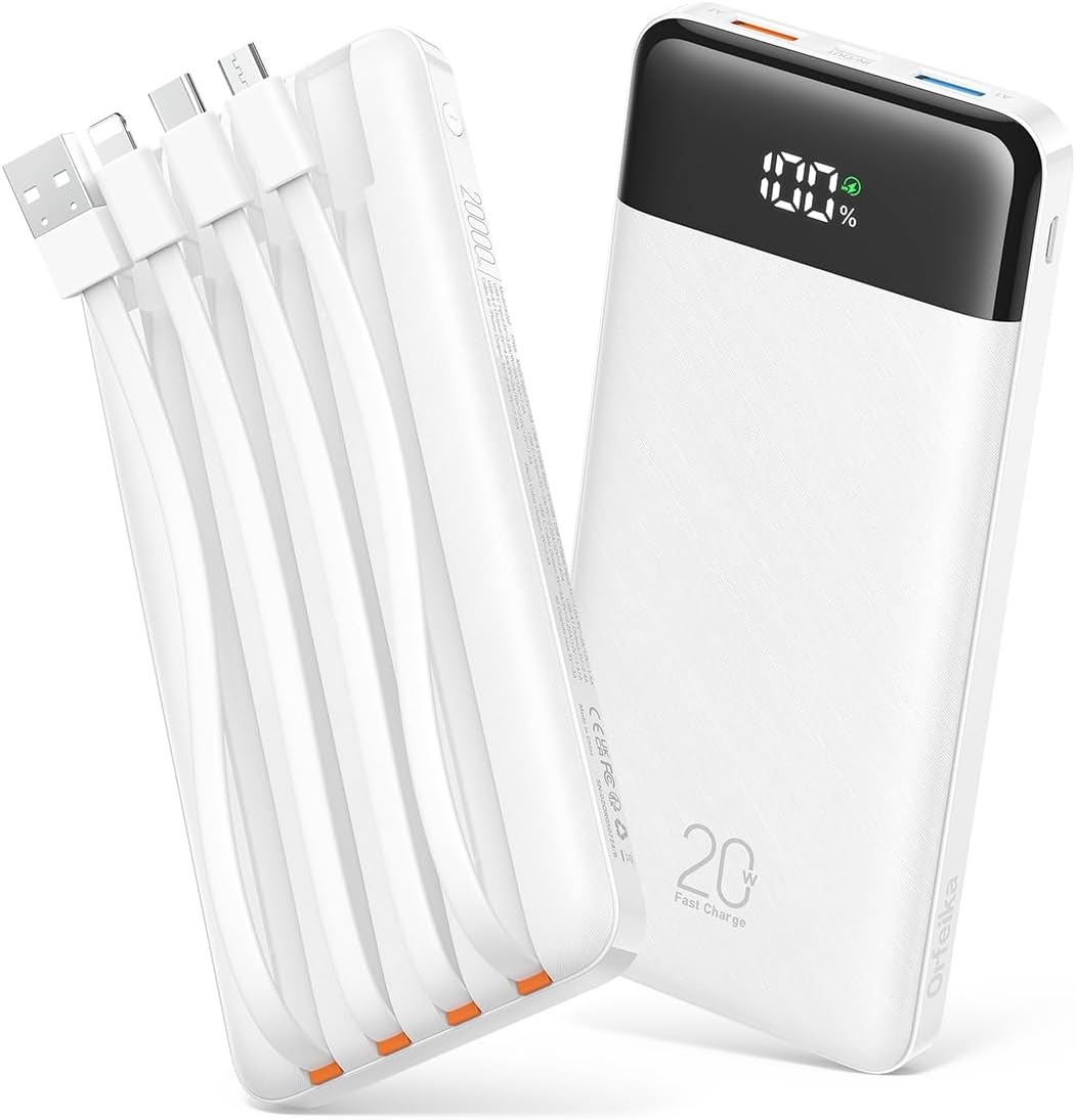 20000mAh Power Bank Fast Charging, Portable Charger with 4 Built-in Cables & 6 Outputs, 20W PD USB C Battery Pack Compatible with iPhone 16/15, Galaxy, Android, iPad & More (Travel Essential)