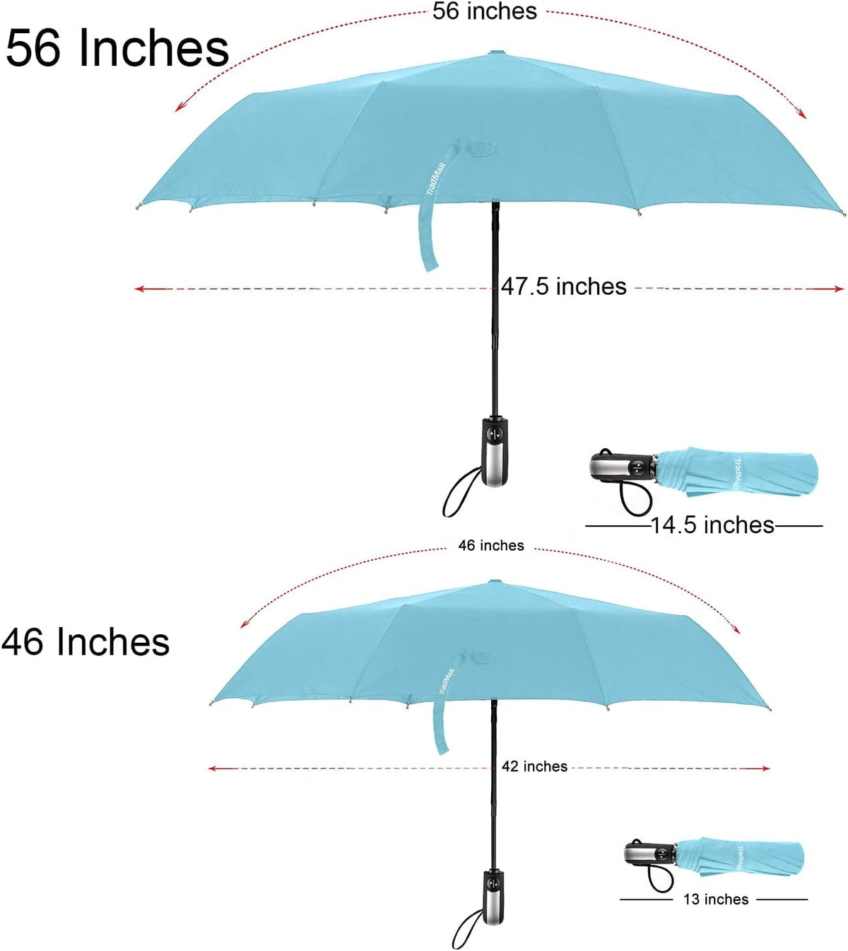 TradMall 2 Pack Travel Umbrella Windproof 46/56 Inches Large Canopy Reinforced Fiberglass Ribs Auto Open & Close