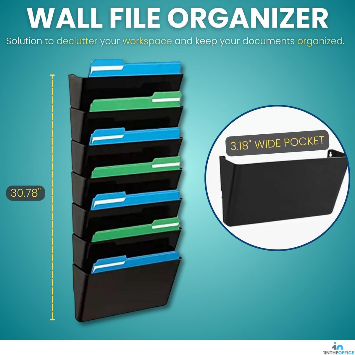 Hanging Wall File Organizer, Wall Mounted File Holder, Letter Size, 7 Pocket, Expandable, Black