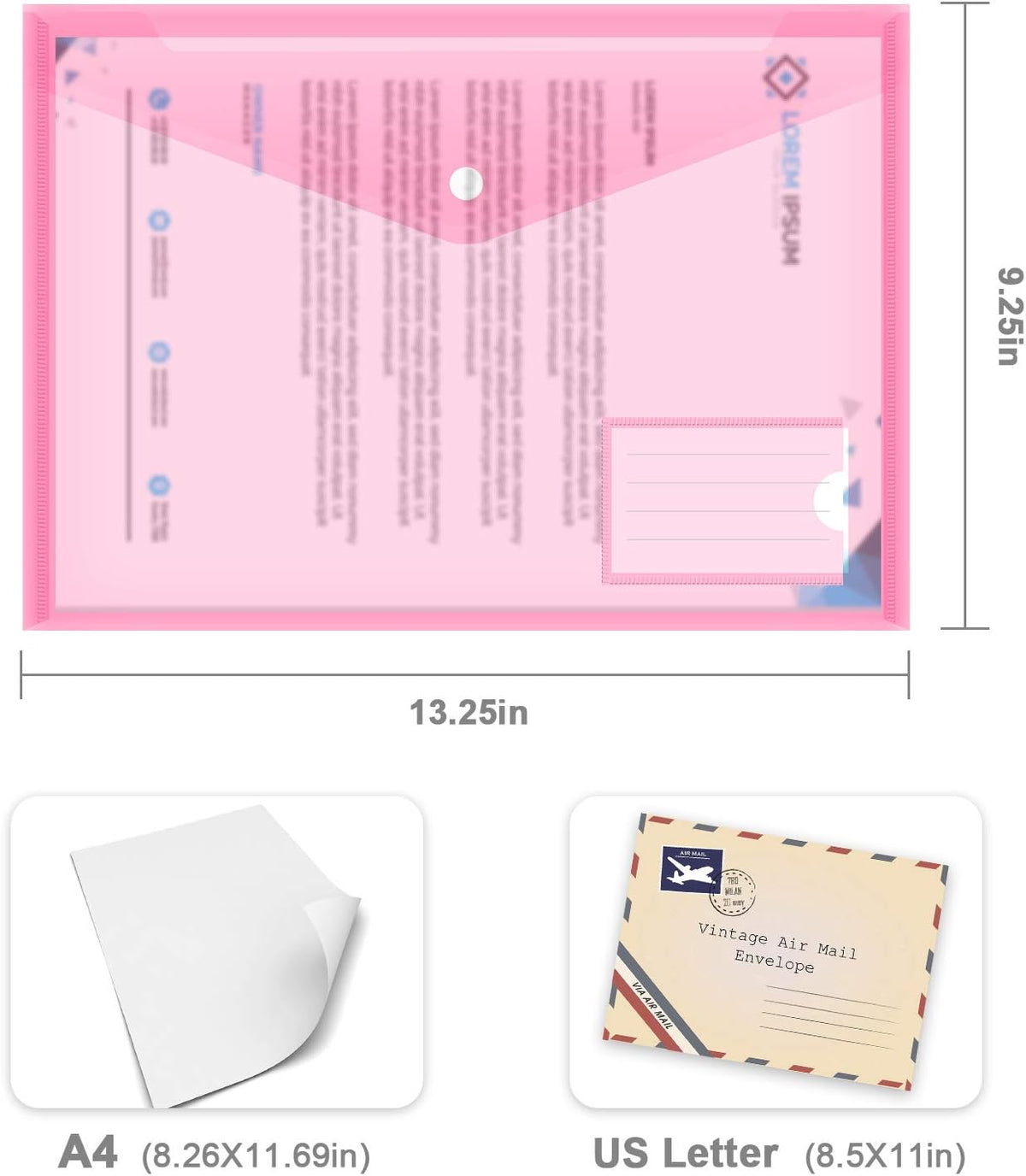 10 Pack Plastic Envelope Folders with Label Pockets, 5 Colors 2 Each, Clear Poly File Folders Letter Size/A4, Hook and Loop Closure Document Envelopes for School Office Home