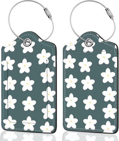 2Pack Luggage Tags for Suitcases, Cute Unique Pu Leather Cruise Luggage Tag with Privacy Cover ID Label Address Card and Metal Ring Suitable for Women Men Kids Travel Bag Little White Flower