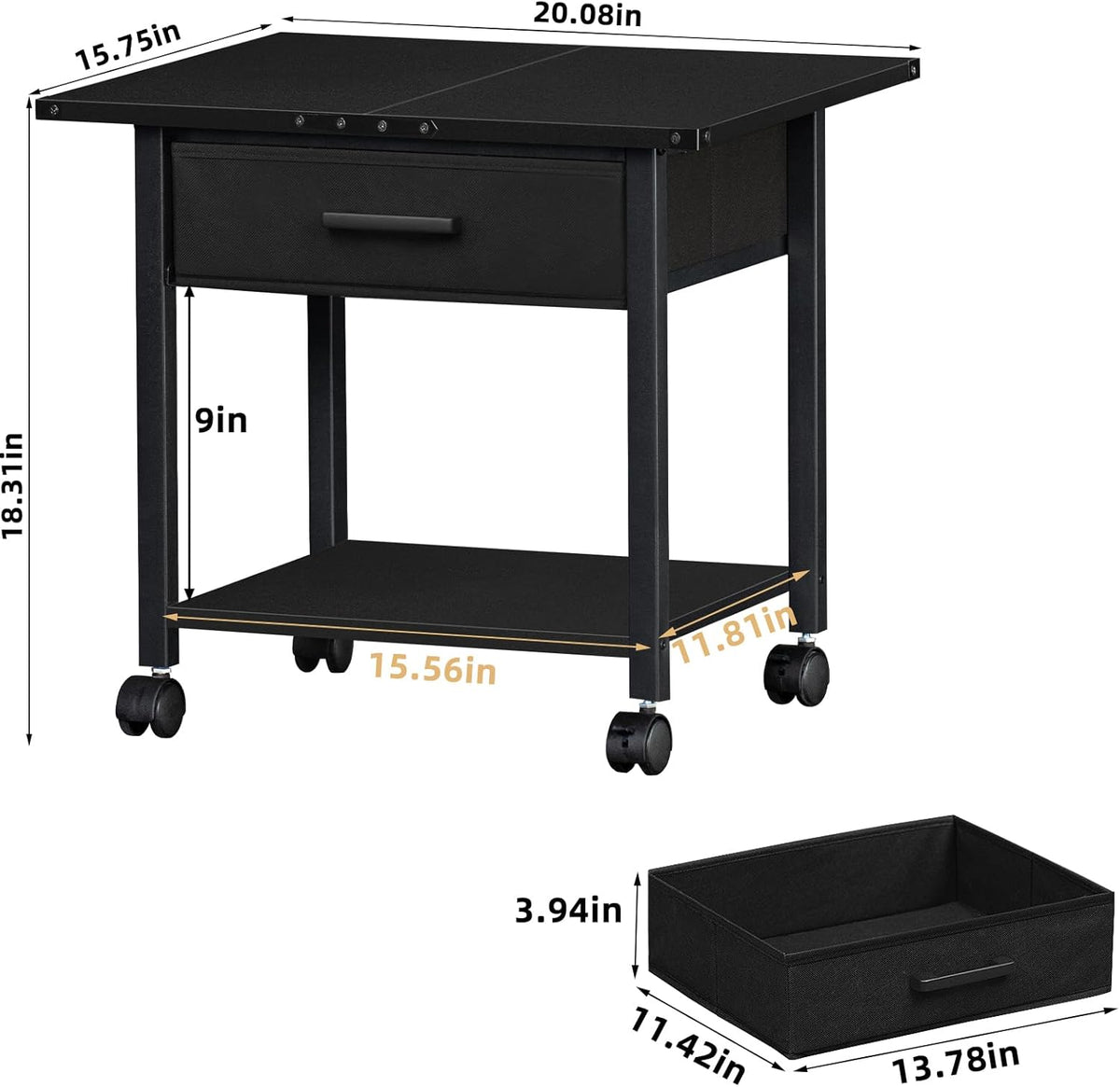 Lerliuo Under Desk Rolling Printer Stand with Drawer, 2-Tier Industrial Mobile Printer Table Desk with Storage Shelf and Steel Frame, Printer Cart Holder with Lockable Wheels for Home, Office (Black)