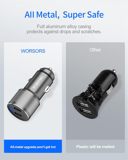 Dual 45W USB C Car Charger, 90W Max Super Fast Charging, All Metal 12V Cigarette Lighter Adapter for iPhone 17 Pro Max/16/15/iPad, Samsung Galaxy S25/S24, Google Phones with 2 Type C Cable 3.3ft Gray