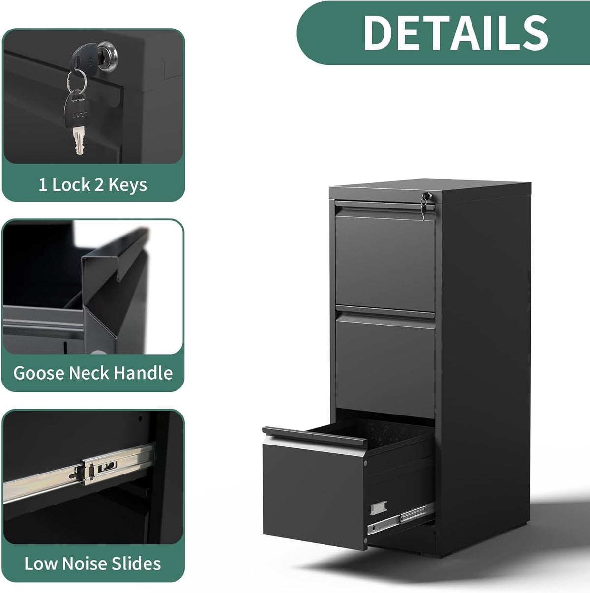 3 Drawer File Cabinet with Lock,Metal Vertical Filing Cabinets for Home Office,Heavy Duty File Storage Cabinet for Letter/Legal/A4/F4 Size File,Assembly Require (Black, Vertical 3 Drawer)