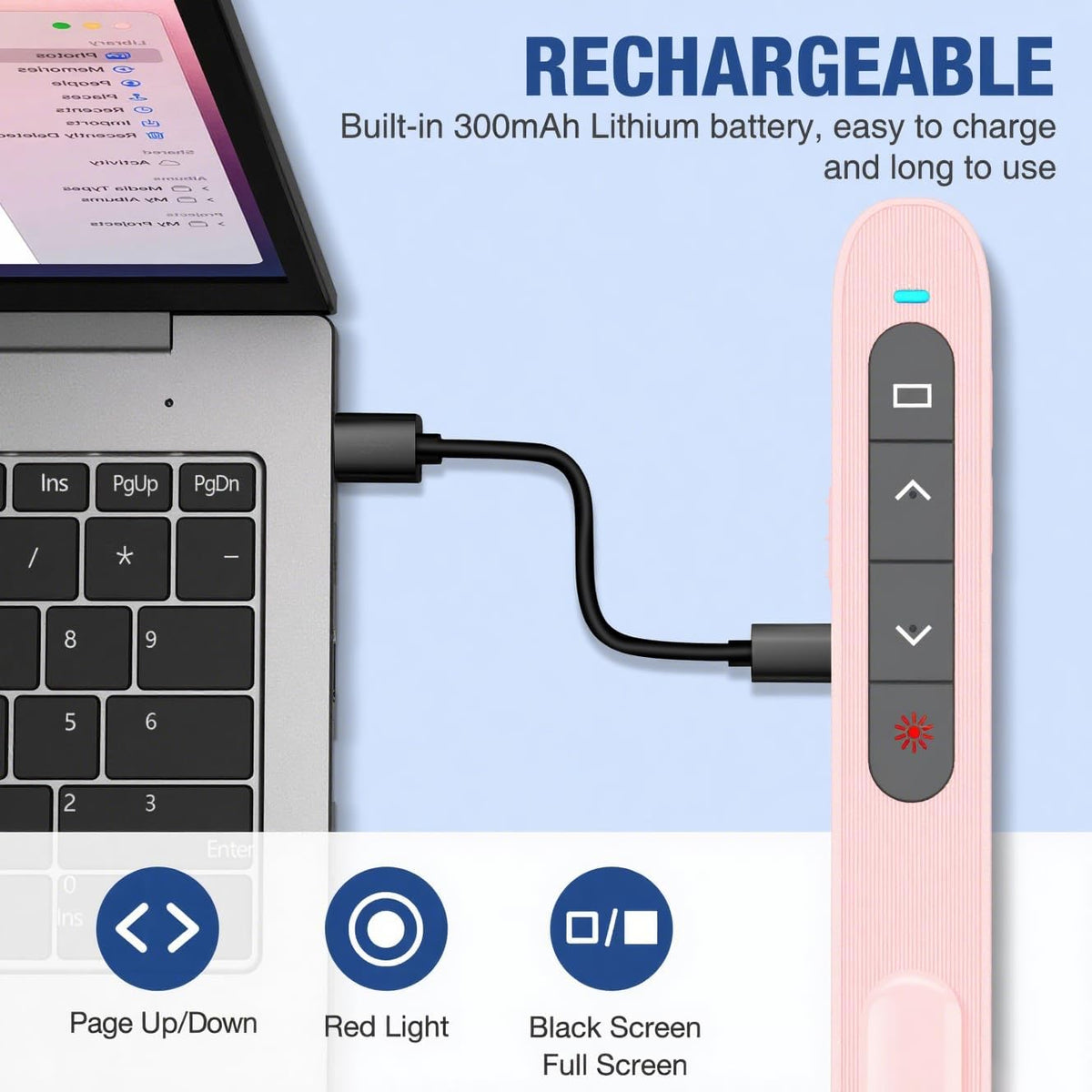 DinoFire Wireless Presentation Remote Presenter, RF 2.4GZ USB C Rechargeable Slide Clicker for Powerpoint Presentations for Laptop/Computer-Pink