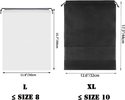 12pcs Non-woven Shoe Bags for Travel 12.6" X 17.3" Portable Shoe Bags with Clear Window, Large Drawstring Dustproof Travel Shoe Storage Bag for Men & Women, Black,XL Size