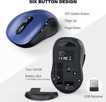 WisFox 2.4G Wireless Mouse for Laptop, Ergonomic Computer Mouse with USB Receiver and Type-C Adapter, 3 Adjustable Levels, 6 Button Cordless Wireless Mice for Windows Mac PC Notebook (Blue)