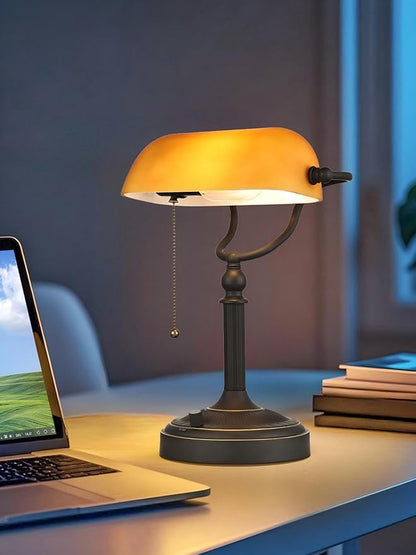 Newrays Matted Amber Glass Bankers Desk Lamp, Stepless Dimmable Table Lamp Plug