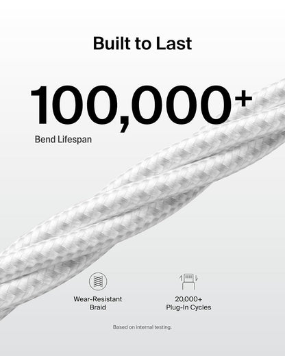 Belkin USB A to USB C Cable, 6.6ft, 15W - Type C Charger, iPhone Charger Cord, Soft, Braided, Flexible for iPhone 16 & 15, Galaxy S25, Pixel 9, iPad Pro, Airpods Pro, Switch & More - White