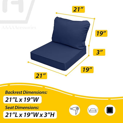 AAAAAcessories Outdoor Seat Cushions for Chairs, Fade-Resistant, Waterproof Patio Furniture Replacement Cushions, 21" x 19" x 3" + 21" x 19", Navy Blue