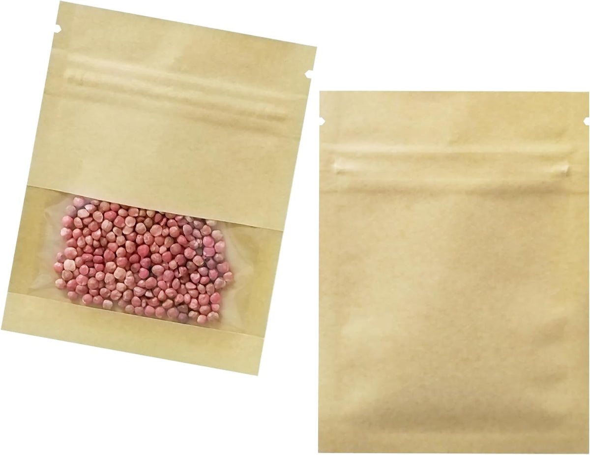 FERENLI 500 Pack 2.8x3.5 inch Small Resealable Seed Coin Envelopes Bags with Clear Window Brown Kraft Paper Heat Seal Packets for Flower Vegetable Seeds Storage Party Favor Pet Food Sample Bag