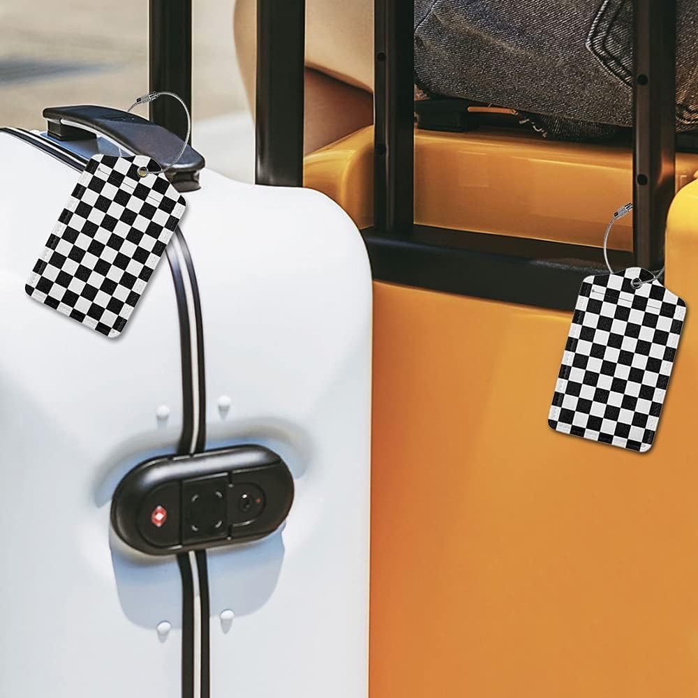 2 Pack Luggage Tags for Travel PU Leather Luggage Tag Name ID Labels with Privacy Cover for Suitcases Women Men Kids Girls (Black and White Grid)