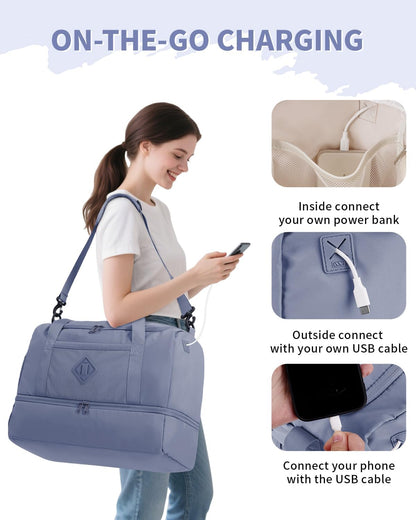 WANDF Travel Duffel Bag with Wet Pocket & Shoe Compartment, 18x14x8 Personal Item Bag with USB Charging Port, Water-Resistant Gym Weekender Overnight Carry-on for Women Men (Grey)