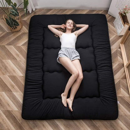 MAXYOYO Japanese Floor Mattress Futon Mattress, 4" Thicken Tatami Mat Sleeping Pad Foldable Roll Up Mat Boys Girls Dormitory Pad Kids Floor Lounger Pillow Bed, Black, Queen