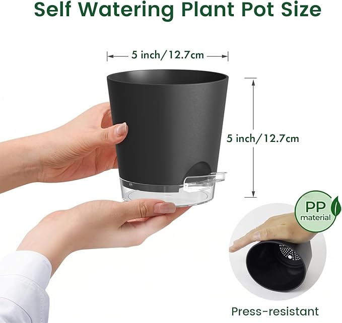 5 inch Self Watering Flower Pots for Indoor Plants, 5 Pack Small Plant Pots with Drainage Holes & Clear Reservoir for Visible Water Level, Plastic Wicking Planter Pots for House Plants, Black