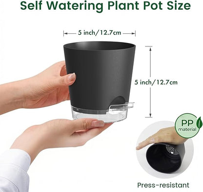 5 inch Self Watering Flower Pots for Indoor Plants, 5 Pack Small Plant Pots with Drainage Holes & Clear Reservoir for Visible Water Level, Plastic Wicking Planter Pots for House Plants, Black