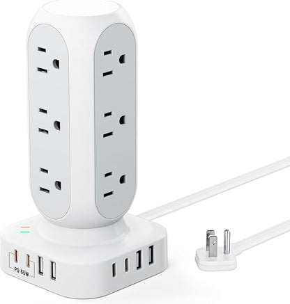 TenTrend 65W Fast Charging Station, Flat Plug Power Strip Tower