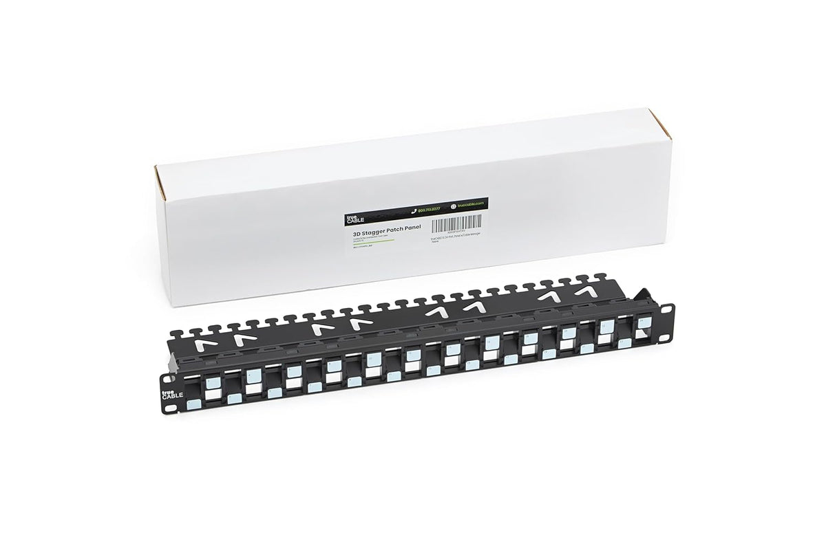trueCABLE 3-D Staggered 24 Port 19” Toolless Modular Patch Panel, Unshielded, Blank, 1U Rack Mount, with Cable Management Bar, High Density, Black