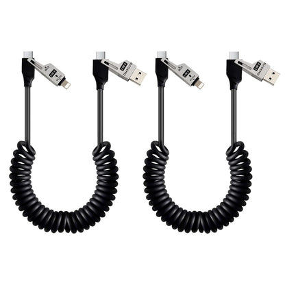 65W 4-in-1 Retractable Fast Charging Cable, 2M/6.5ft Spring Coiled USB-C to L/USB-C/USB-A Multi-Device Cord for iPhone 15/14/13, iPad, Samsung, MacBook, Laptop, Car, Tablet (2)