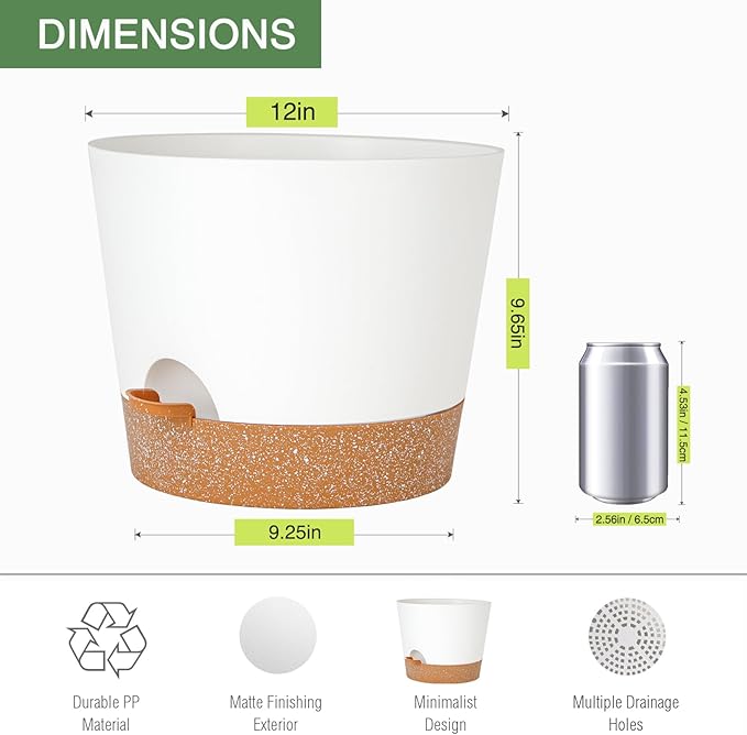 12inch Large Self Watering Plant Pot, Plastic Cylinder Planter with 60Oz Deep Reservoir and Saucer for Indoor Outdoor Plants Flowers Houseplants, White with Brown
