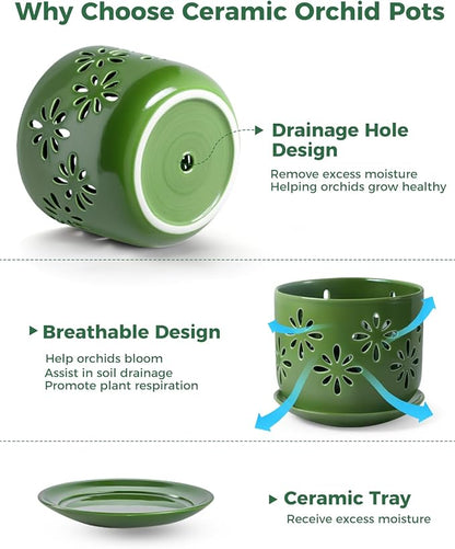 EFISPSS Orchid Pots with Holes,5+6 Inch Ceramic Plant Pots with Drainage Holes and Tray,Enhanced Drainage and Ventilation,Flower Pots for Indoor/Outdoor Plants for Repotting - Green