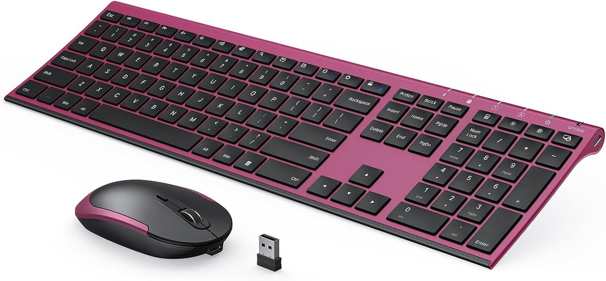 Wireless Keyboard and Mouse, Vssoplor 2.4GHz Rechargeable Compact Quiet Full-Size Keyboard and Mouse Combo with Nano USB Receiver for Windows, Laptop, PC, Notebook-Black and Wine Red