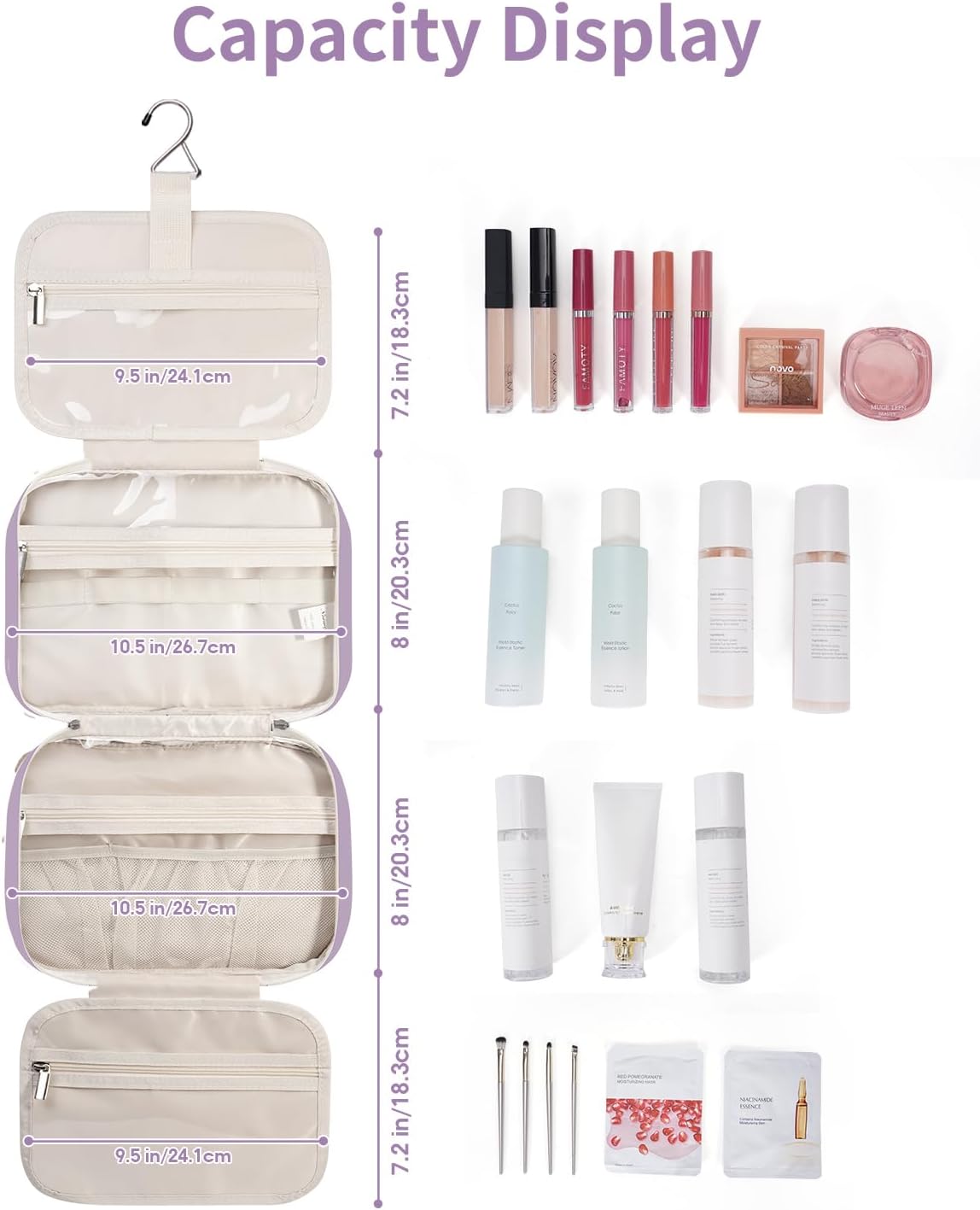Narwey Hanging Toiletry Bag for Women Travel Makeup Bag Organizer Toiletries Bag for Travel Size Essentials Accessories Cosmetics (Purple (Medium))