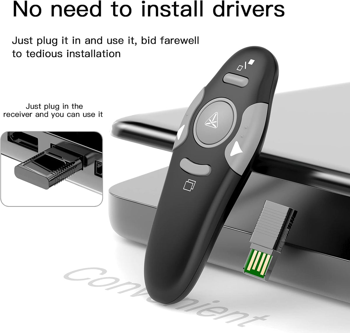 QUI Presentation Clicker Wireless Presenter Remote Clicker for PowerPoint Presentation Remote, PowerPoint Slide Advancer for Mac/Windows/Linux, Google Slide/PPT/Keynote, USB, Black