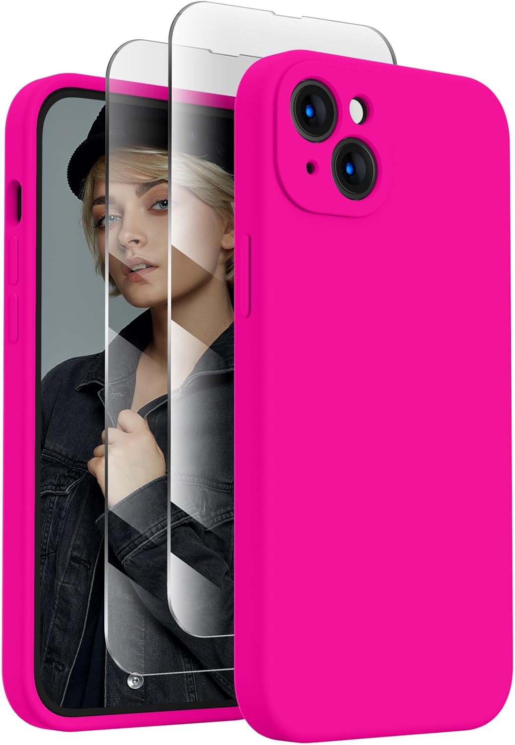 FireNova Designed for iPhone 15 Case, Silicone Upgraded [Camera Protection] Phone Case with [2 Screen Protectors], Soft Anti-Scratch Microfiber Lining Inside, 6.1 inch, Hot Pink