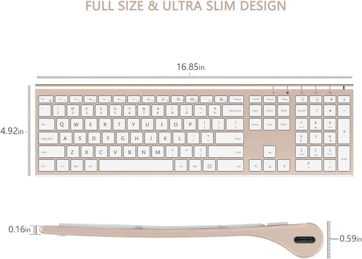 Wireless Keyboard and Mouse, Vssoplor Rechargeable Quiet Full-Size Keyboard and Mouse Combo Set Ultra Slim Design for Laptop, PC, Notebook, Desktop-White and Gold
