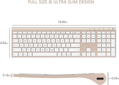 Wireless Keyboard and Mouse, Vssoplor Rechargeable Quiet Full-Size Keyboard and Mouse Combo Set Ultra Slim Design for Laptop, PC, Notebook, Desktop-White and Gold