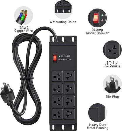 JUNNUJ Heavy Duty 20 Amp Surge Protector 4800J, Garage Metal 8 Outlets 12 Gauge