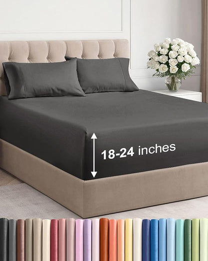 Extra Deep Pocket Queen Sheet Set - 4 Piece Breathable & Cooling Bed Sheets - Hotel Luxury Sheet Set - Soft, Wrinkle Free and Comfy - Easily Fits Extra Deep Mattresses - Deep Pocket Charcoal Sheets