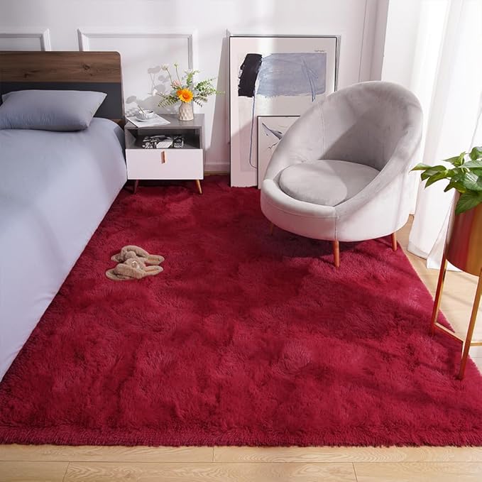 Amearea Shag Fluffy Area Rug for Bedroom Girls Living Room, Extra Soft and Fuzzy Shaggy Rugs, Non Slip, Solid Color Carpet Mat for Boys Nursery Home, Wine Red 6x9 Feet
