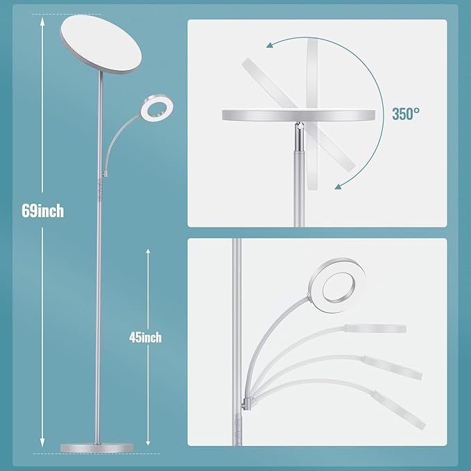 marctronic Silver Gray Floor Lamp, 42W 4000LM Super Bright LED Lamp