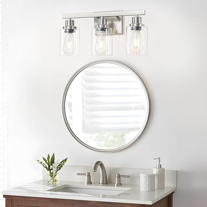 DIKAIDA 3-Light Bathroom Light Fixtures, Nickel Bathroom Vanity Light