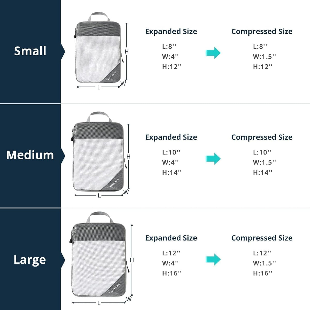 3 Set Compression Packing Cubes for Travel - Compressible, Lightweight, and Space-Saving Packing Cubes, Travel Essentials for Women, Grey